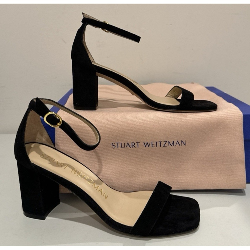 Stuart Weitzman Size 5.5 Nudist Curve 75 Block Heel Sandal Black Suede